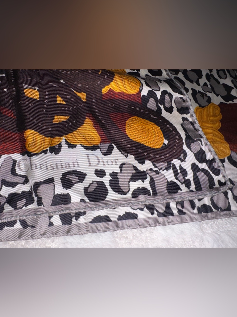 Vintage Christian Dior Leopard Print Silk Scarf Golden Dark Red & Brown Accents - Picture 6 of 10